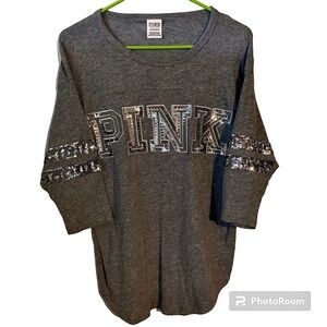 PINK Victoria Secret Logo Bling Sequins Half Sleeve Oversized Tshirt